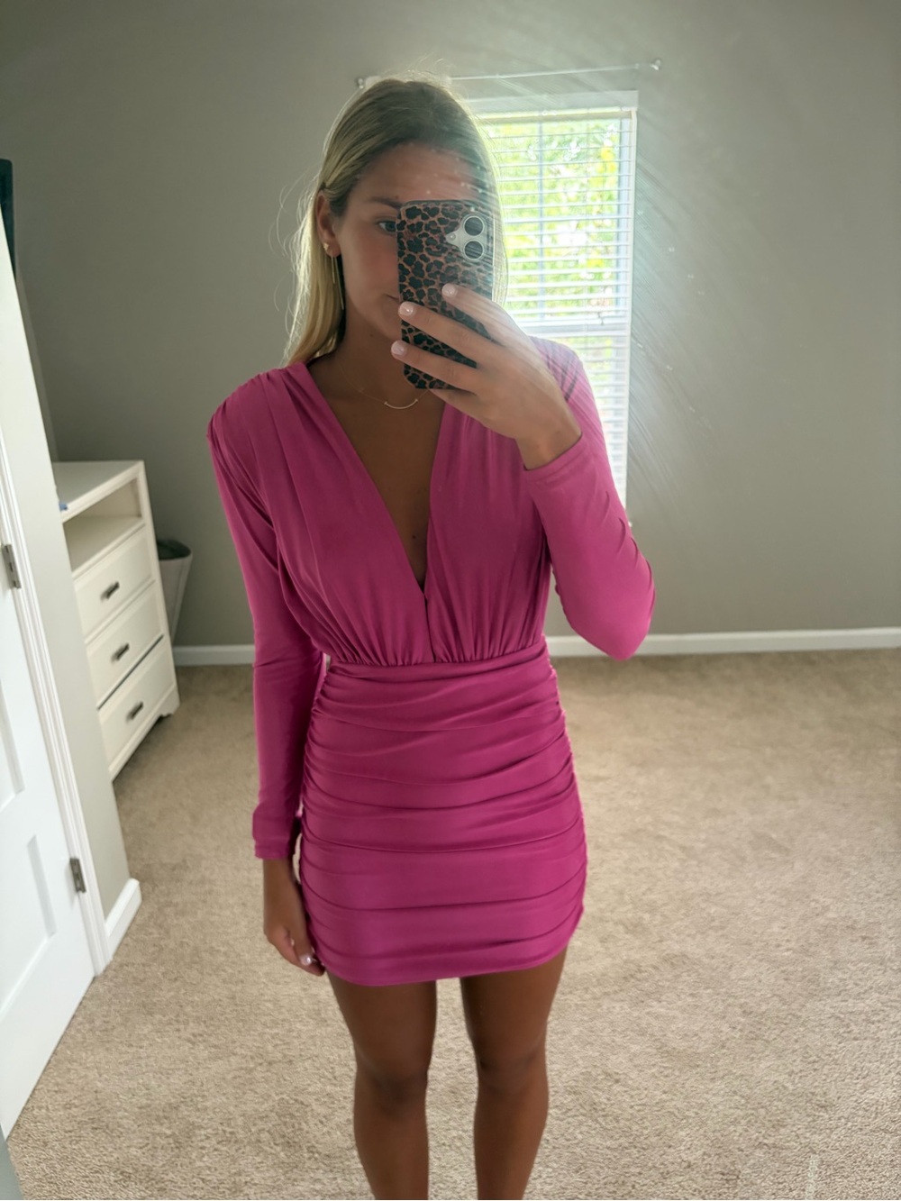 Long-Sleeve Plunging V-Neck Ruched Mini Dress in Pink